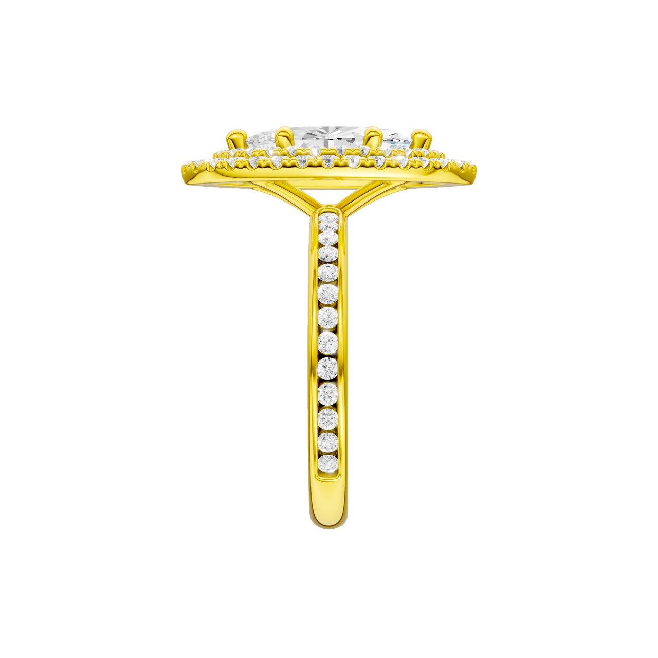 A side view of the Marquise cut diamond engagement ring in 14k yellow gold with a channel band and cathedral setting