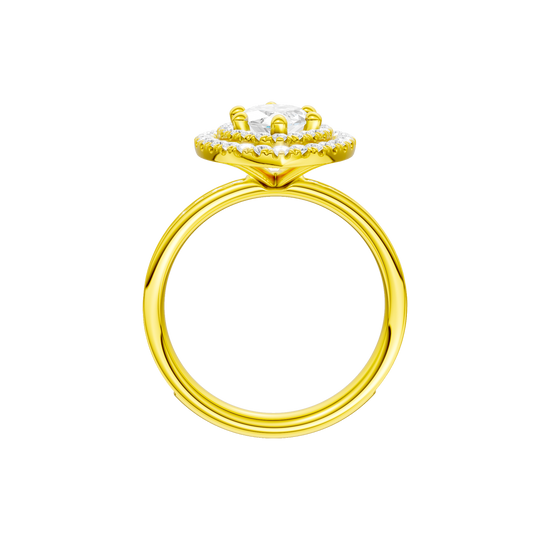 A profile view of the Marquise cut diamond engagement ring in 14k yellow gold with a channel band and cathedral setting