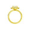 A profile view of the Marquise cut diamond engagement ring in 14k yellow gold with a channel band and cathedral setting