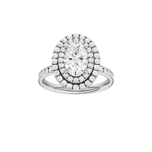 A front view of the Oval cut diamond engagement ring in 14k white gold with a diamond channel band and cathedral setting