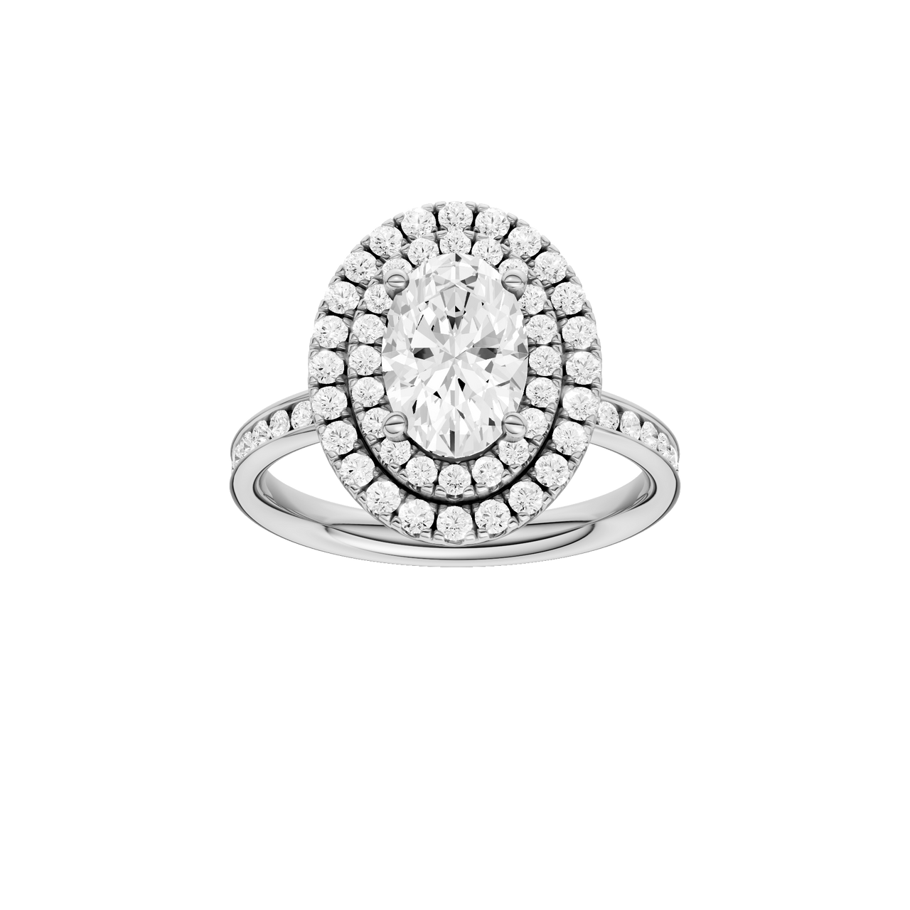A front view of the Oval cut diamond engagement ring in platinum with a diamond channel band and cathedral setting