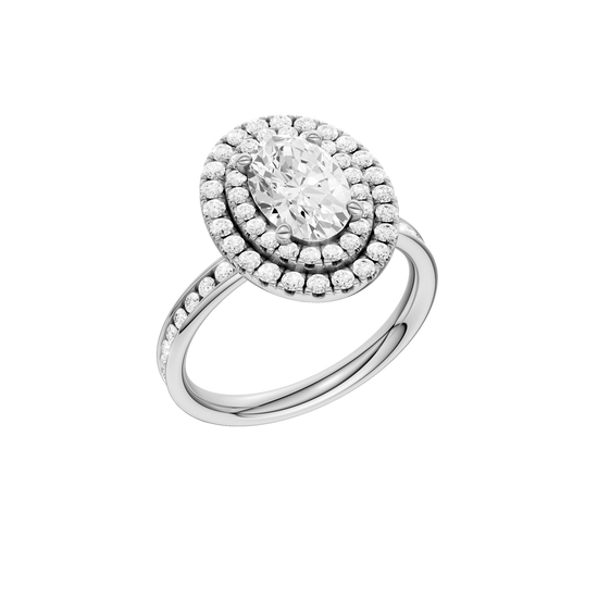 A three-quarter view of the Oval cut diamond engagement ring in 14k white gold with a diamond channel band and cathedral setting