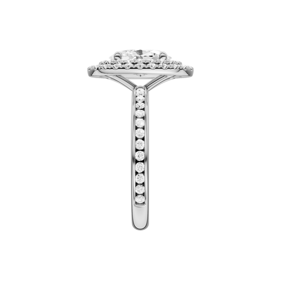 A front view of the Oval cut diamond engagement ring in 14k white gold with a diamond channel band and cathedral setting