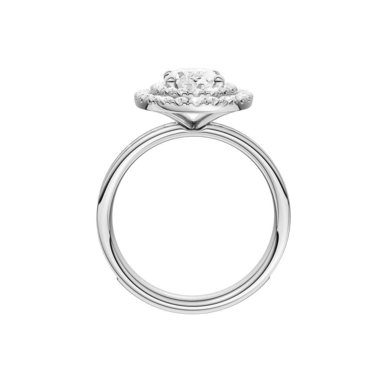 A front view of the Oval cut diamond engagement ring in 14k white gold with a diamond channel band and cathedral setting