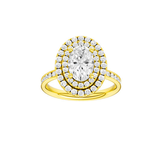 A front view of the Oval cut diamond engagement ring in 14k yellow gold with a diamond channel band and cathedral setting