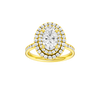 A front view of the Oval cut diamond engagement ring in 14k yellow gold with a diamond channel band and cathedral setting