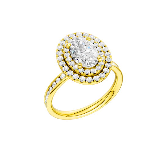 A three-quarter view of the Oval cut diamond engagement ring in 14k yellow gold with a diamond channel band and cathedral setting