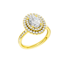 A three-quarter view of the Oval cut diamond engagement ring in 14k yellow gold with a diamond channel band and cathedral setting