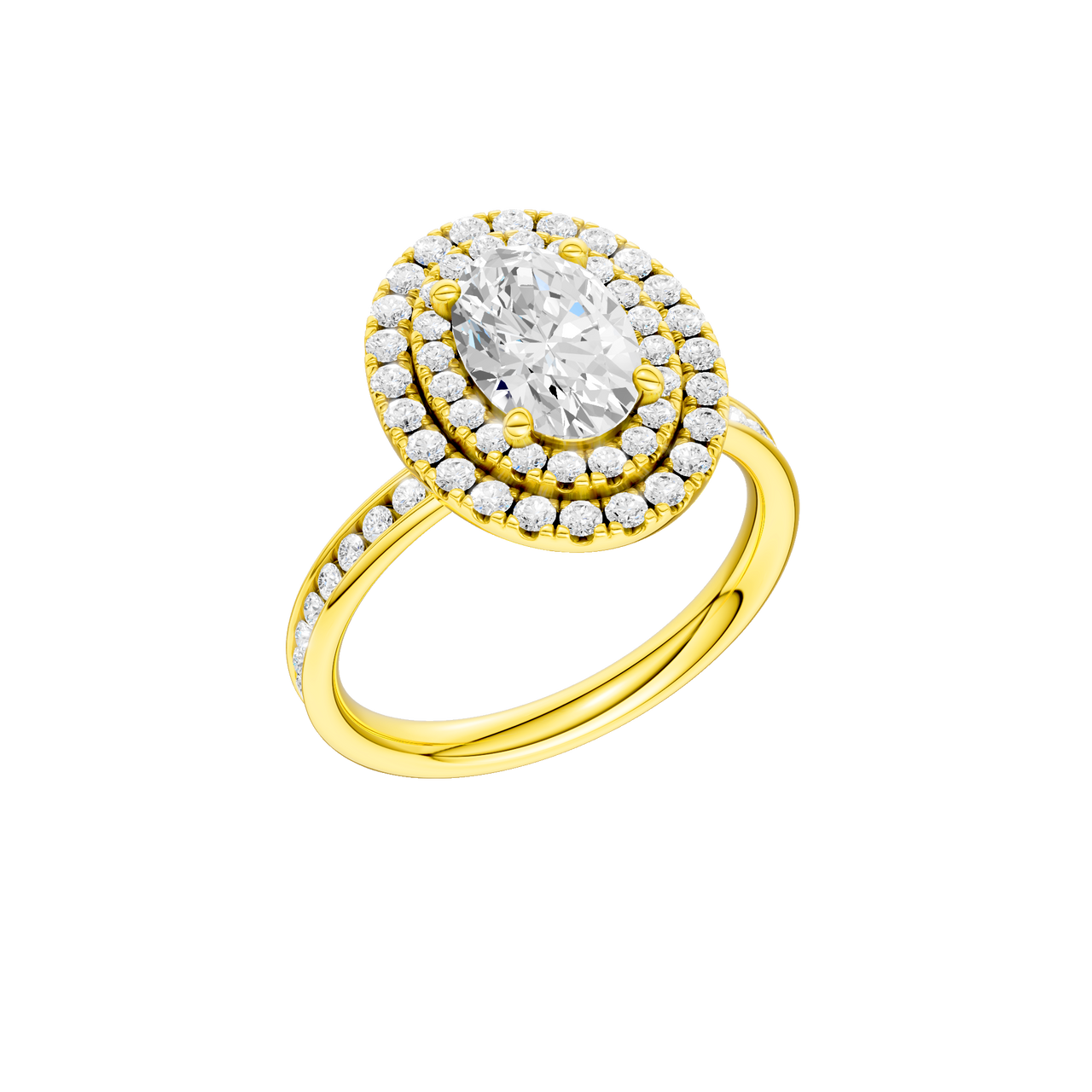 A three-quarter view of the Oval cut diamond engagement ring in 14k yellow gold with a diamond channel band and cathedral setting