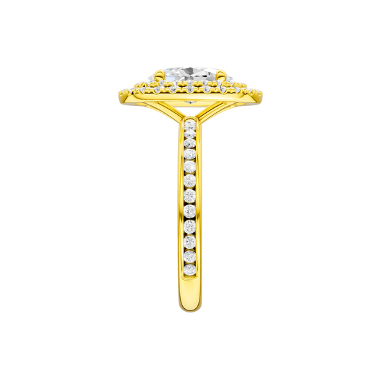 A side view of the Oval cut diamond engagement ring in 14k yellow gold with a diamond channel band and cathedral setting
