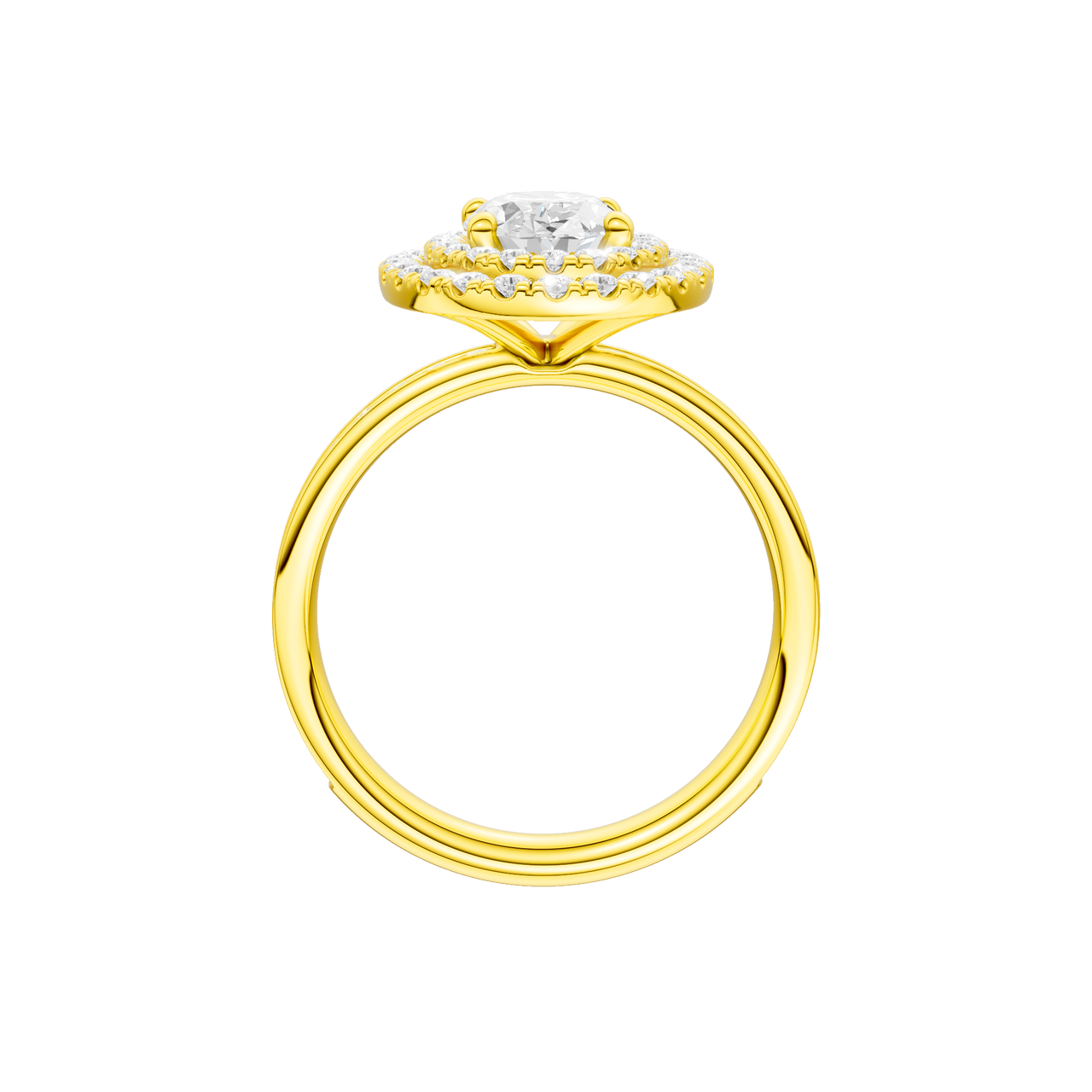 A profile view of the Oval cut diamond engagement ring in 14k yellow gold with a diamond channel band and cathedral setting