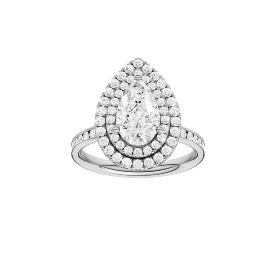 A front view of the Pear cut diamond engagement ring in 14k white gold with a diamond channel band and cathedral setting