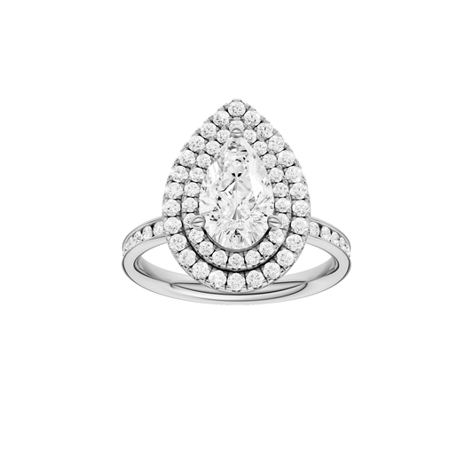 A front view of the Pear cut diamond engagement ring in 14k white gold with a diamond channel band and cathedral setting