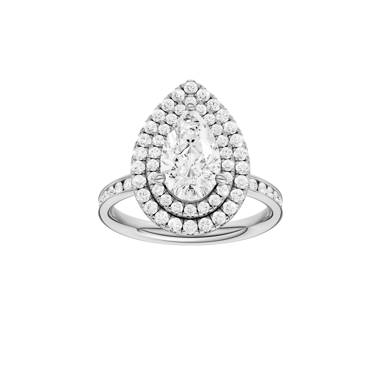 A front view of the Pear cut diamond engagement ring in platinum with a diamond channel band and cathedral setting