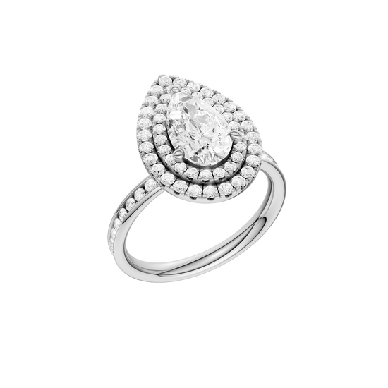 A three-quarter view of the Pear cut diamond engagement ring in platinum with a diamond channel band and cathedral setting
