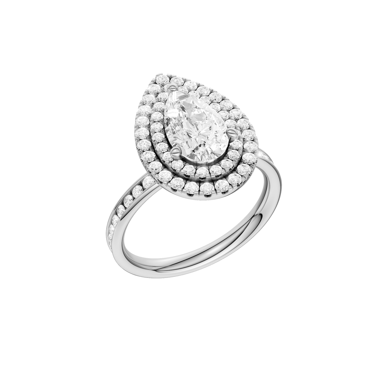 A three-quarter view of the Pear cut diamond engagement ring in 14k white gold with a diamond channel band and cathedral setting