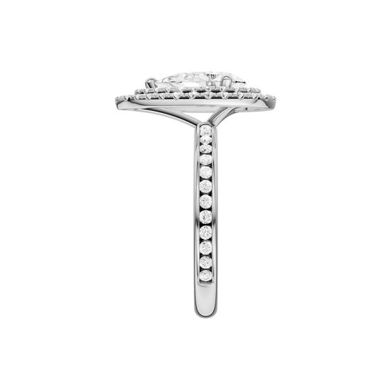 A side view of the Pear cut diamond engagement ring in 14k white gold with a diamond channel band and cathedral setting