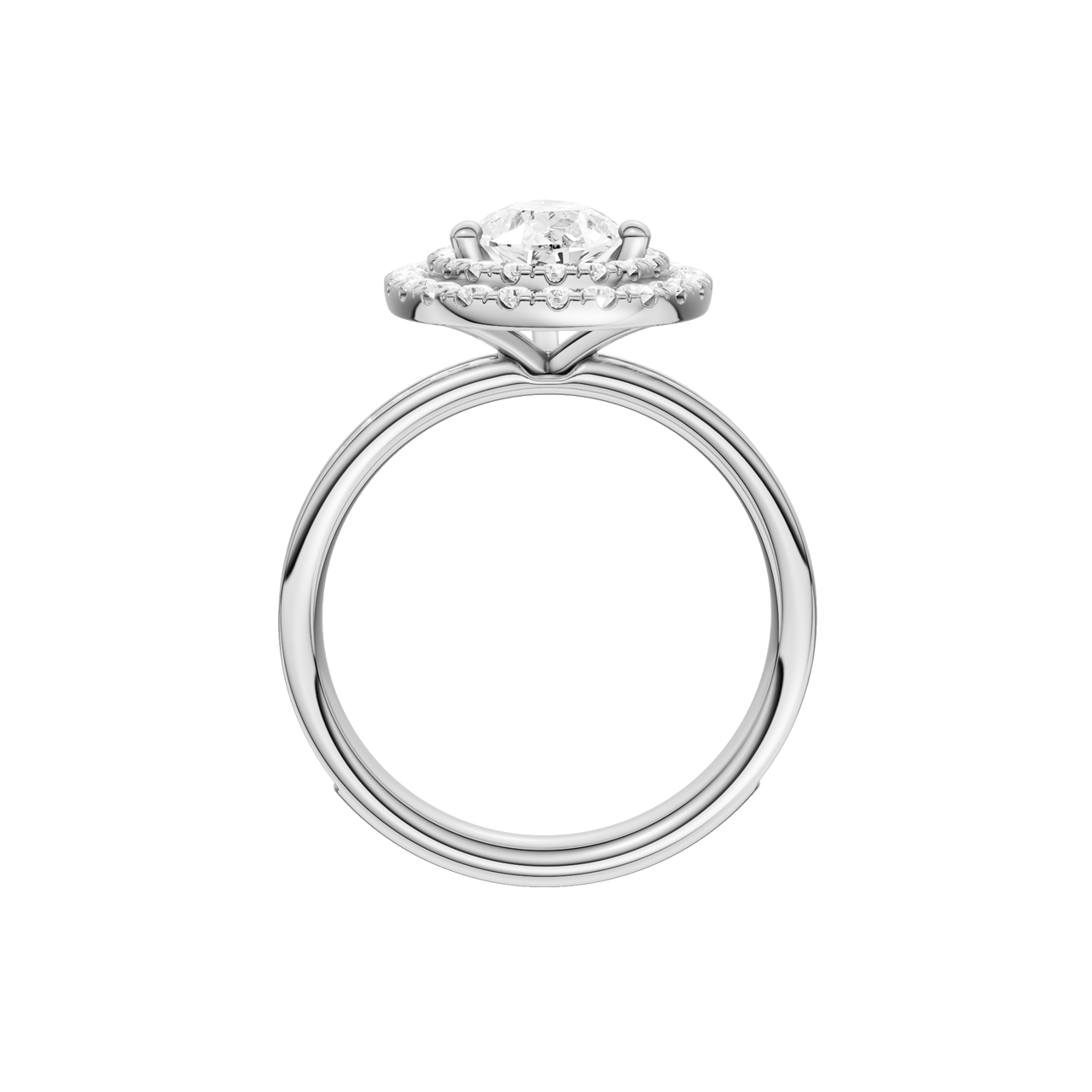 A profile view of the Pear cut diamond engagement ring in 14k white gold with a diamond channel band and cathedral setting
