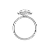 A profile view of the Pear cut diamond engagement ring in platinum with a diamond channel band and cathedral setting