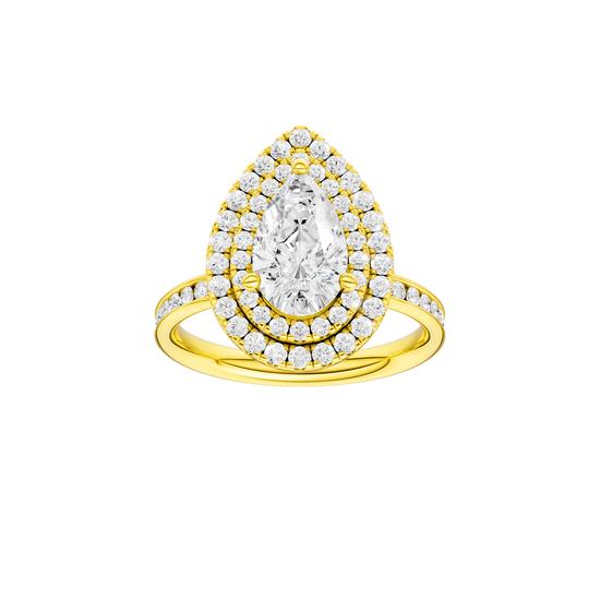 A front view of the Pear cut diamond engagement ring in 14k yellow gold with a diamond channel band and cathedral setting