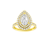 A front view of the Pear cut diamond engagement ring in 14k yellow gold with a diamond channel band and cathedral setting