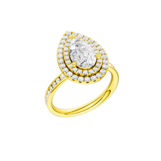 A three-quarter view of the Pear cut diamond engagement ring in 14k yellow gold with a diamond channel band and cathedral setting