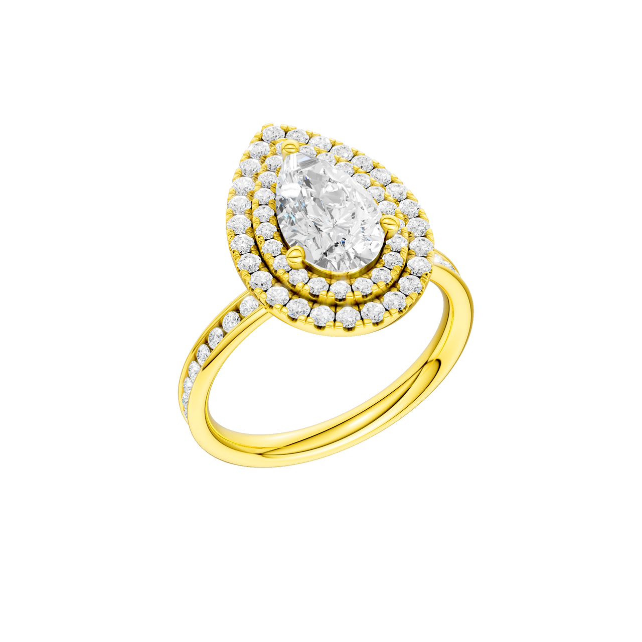A three-quarter view of the Pear cut diamond engagement ring in 14k yellow gold with a diamond channel band and cathedral setting