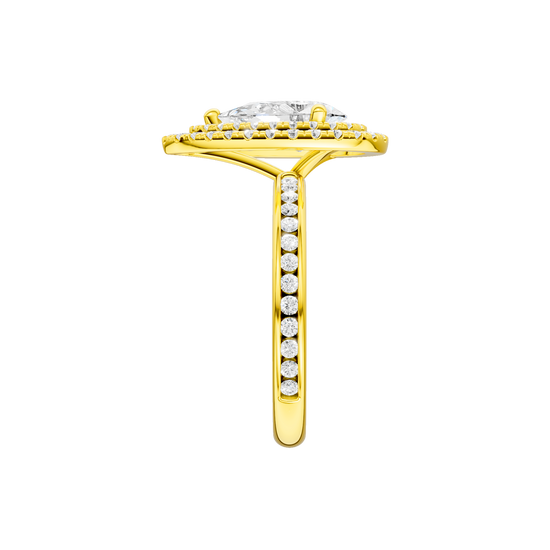 A side view of the Pear cut diamond engagement ring in 14k yellow gold with a diamond channel band and cathedral setting