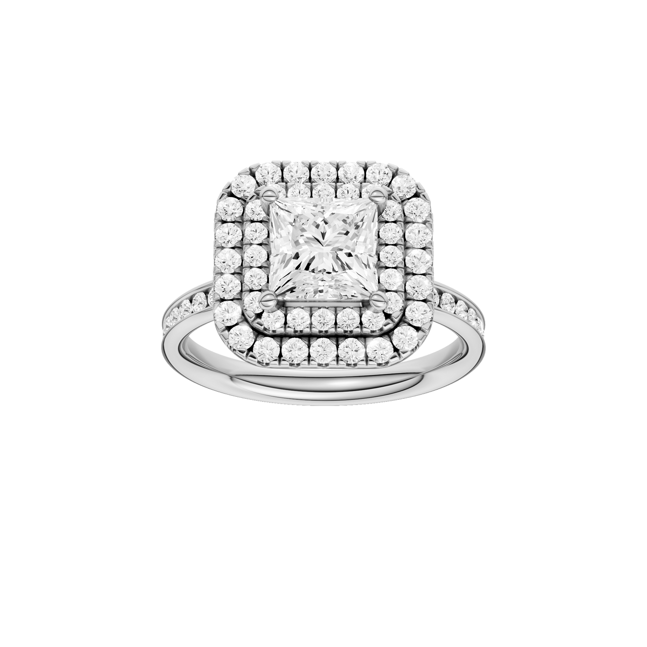 A front view of the Princess cut diamond engagement ring in 14k white gold with a diamond channel band and cathedral setting