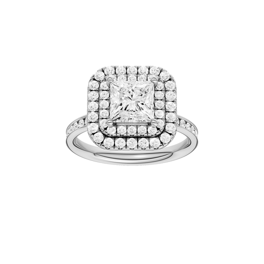 A front view of the Princess cut diamond engagement ring in 14k white gold with a diamond channel band and cathedral setting