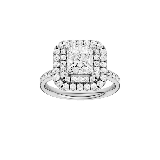 A front view of the Princess cut diamond engagement ring in platinum with a diamond channel band and cathedral setting