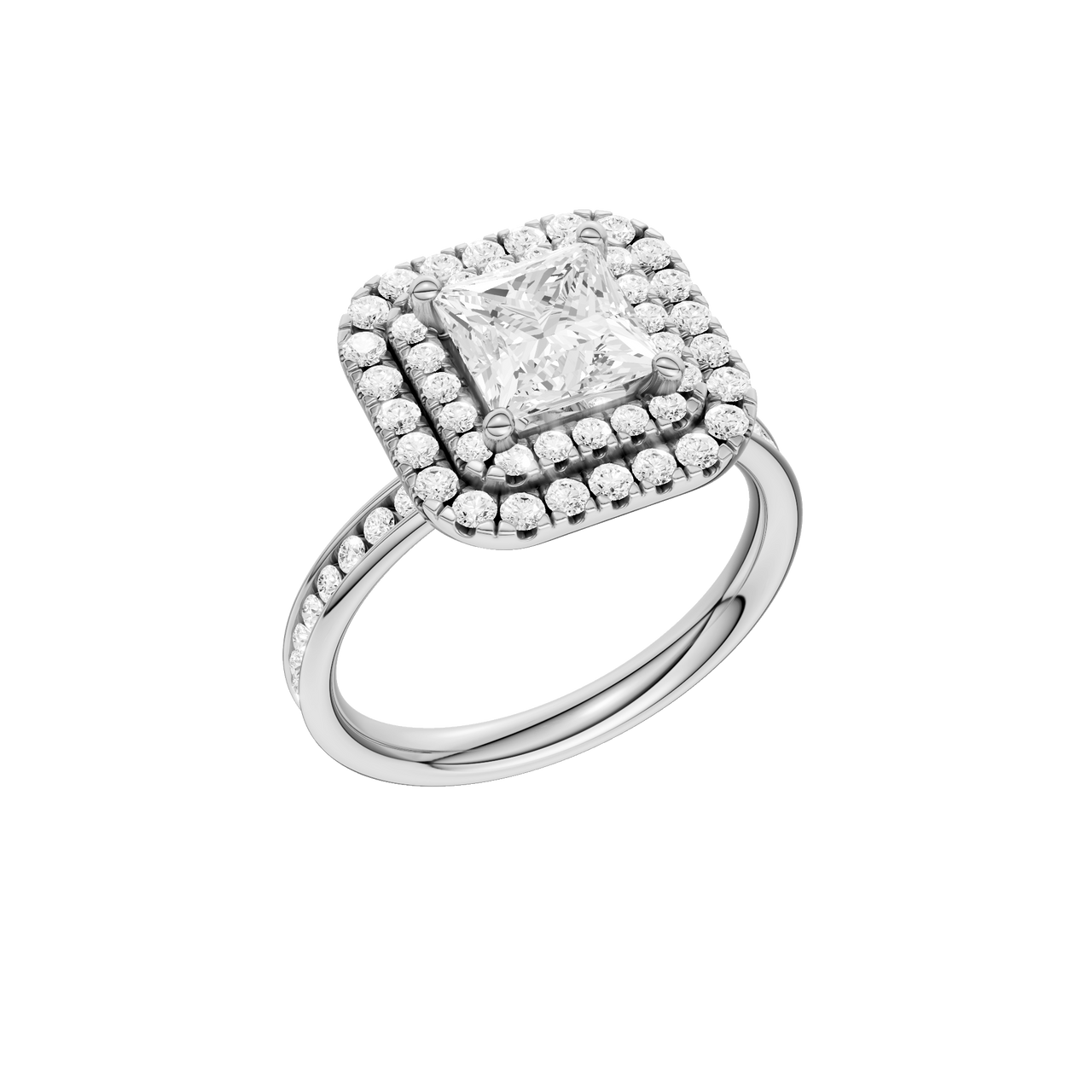 A three-quarter view of the Princess cut diamond engagement ring in platinum with a diamond channel band and cathedral setting
