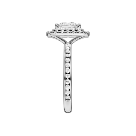 A side view of the Princess cut diamond engagement ring in platinum with a diamond channel band and cathedral setting