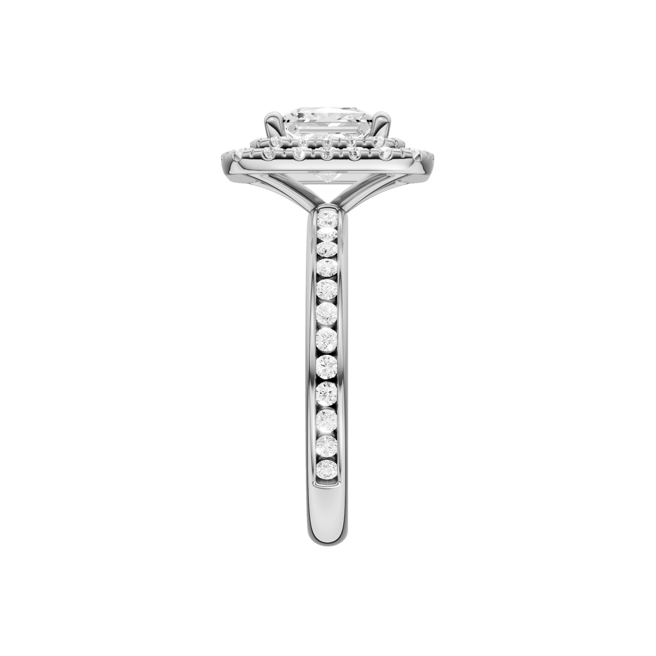 A side view of the Princess cut diamond engagement ring in platinum with a diamond channel band and cathedral setting