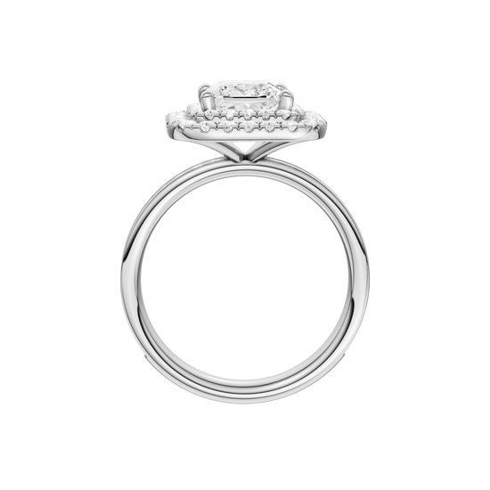 A profile view of the Princess cut diamond engagement ring in platinum with a diamond channel band and cathedral setting