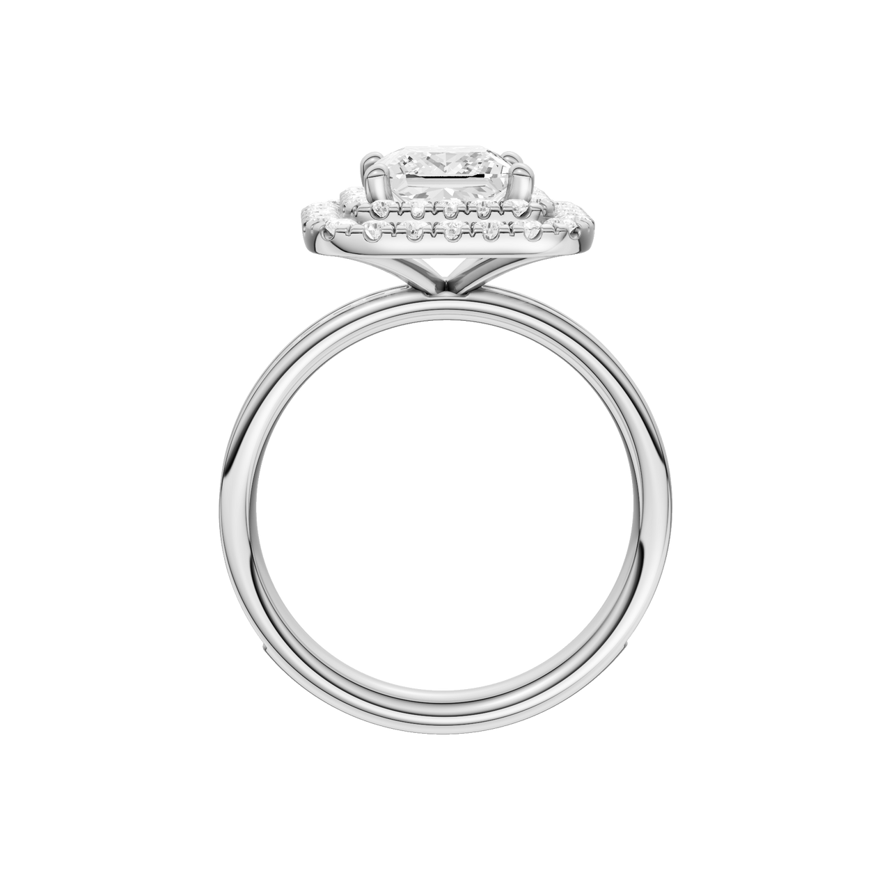 A profile view of the Princess cut diamond engagement ring in platinum with a diamond channel band and cathedral setting