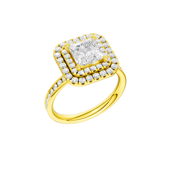A three-quarter view of the Princess cut diamond engagement ring in 14k yellow gold with a diamond channel band and cathedral setting