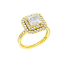 A three-quarter view of the Princess cut diamond engagement ring in 14k yellow gold with a diamond channel band and cathedral setting