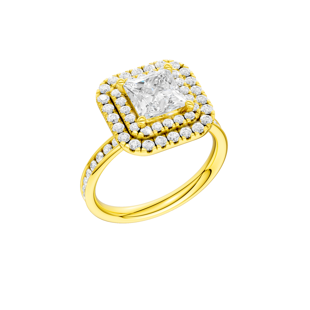 A three-quarter view of the Princess cut diamond engagement ring in 14k yellow gold with a diamond channel band and cathedral setting