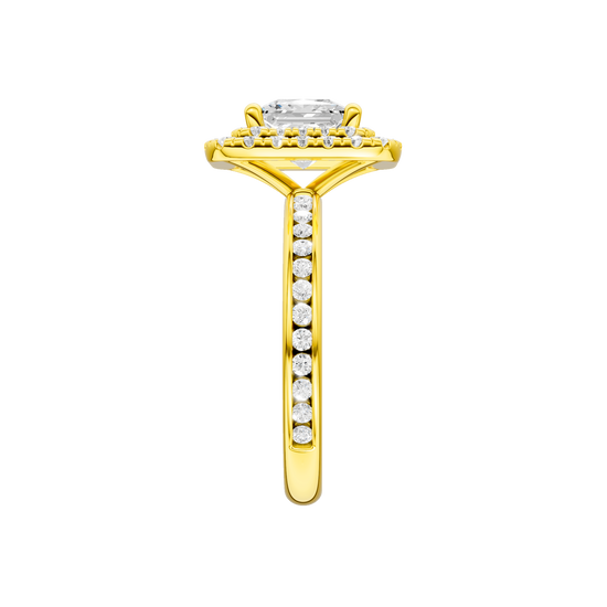 A side view of the Princess cut diamond engagement ring in 14k yellow gold with a diamond channel band and cathedral setting