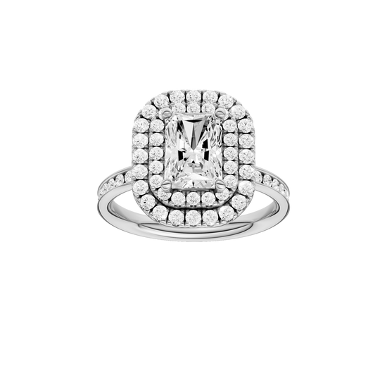 A front view of the Radiant cut diamond engagement ring in platinum with a diamond channel band and cathedral setting
