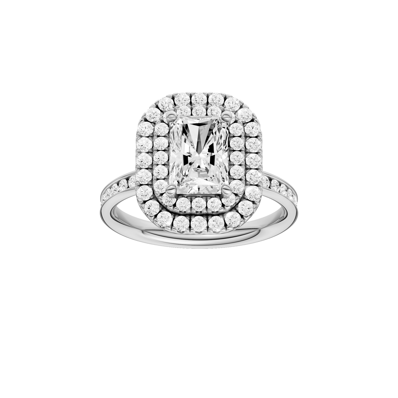 A front view of the Radiant cut diamond engagement ring in platinum with a diamond channel band and cathedral setting