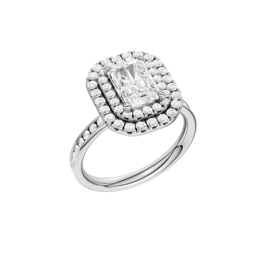 A three-quarter view of the Radiant cut diamond engagement ring in 14k white gold with a diamond channel band and cathedral setting