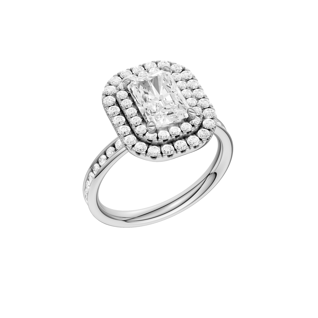 A three-quarter view of the Radiant cut diamond engagement ring in 14k white gold with a diamond channel band and cathedral setting