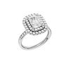 A three-quarter view of the Radiant cut diamond engagement ring in platinum with a diamond channel band and cathedral setting