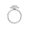A profile view of the Radiant cut diamond engagement ring in platinum with a diamond channel band and cathedral setting