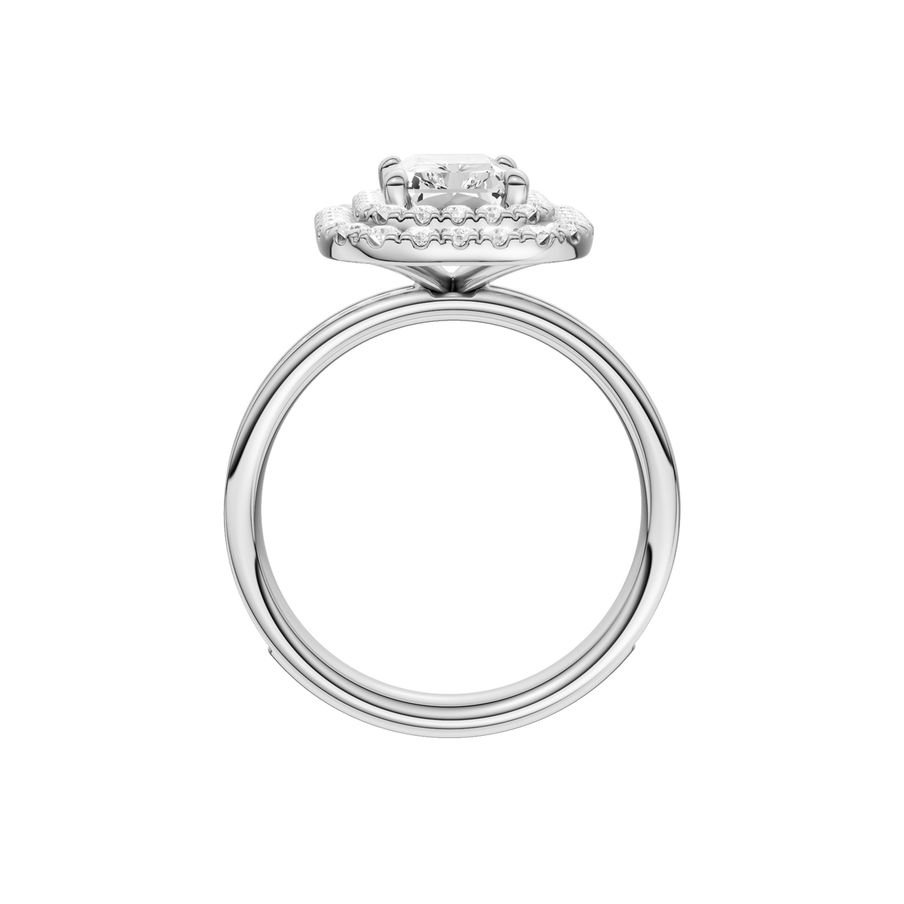 A profile view of the Radiant cut diamond engagement ring in 14k white gold with a diamond channel band and cathedral setting