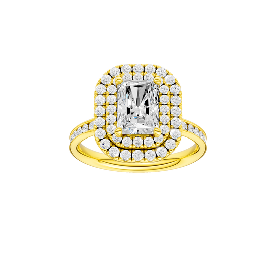 A front view of the Radiant cut diamond engagement ring in 14k yellow gold with a diamond channel band and cathedral setting