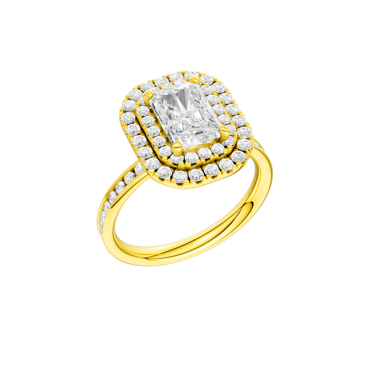 A three-quarter view of the Radiant cut diamond engagement ring in 14k yellow gold with a diamond channel band and cathedral setting