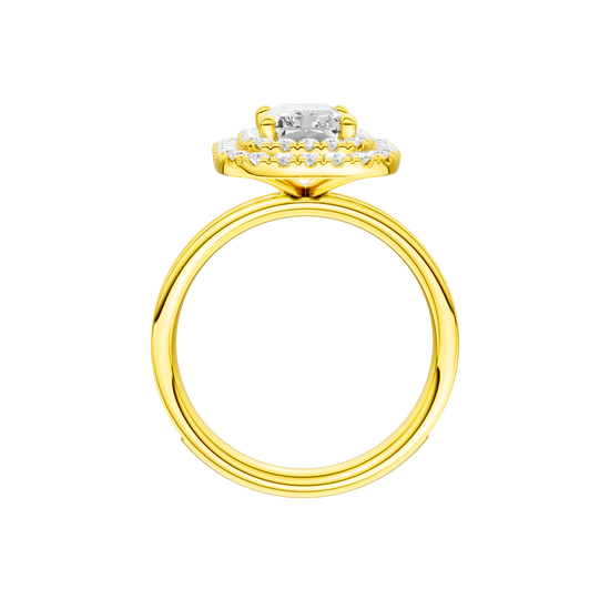 A profile view of the Radiant cut diamond engagement ring in 14k yellow gold with a diamond channel band and cathedral setting